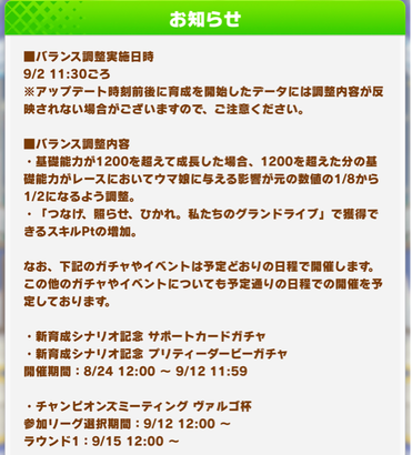 【ウマ娘】バランス調整を9月2日に実施　上現突破分の基礎能力の影響を1/8から1/2へ