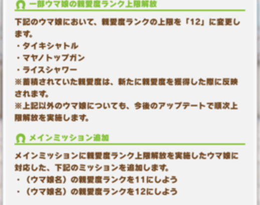 【速報】4/19にタイキシャトル・マヤノトップガン・ライスシャワーの親愛度ランク上限解放