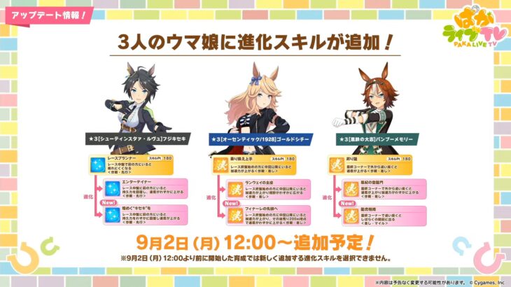 【ウマ娘】9/2よりフジキセキ、ゴールドシチー、バンブーメモリーに進化スキルが追加！